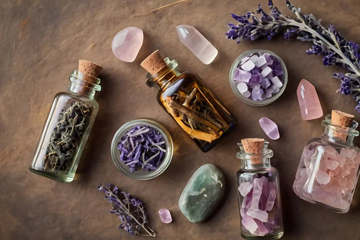 Szklane butelki i słoiczki z suszonymi ziołami, lawendą i różowo‑fioletowymi kryształkami