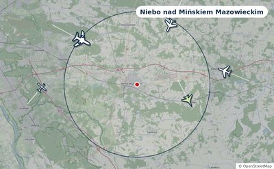 Mapa okolic miasta z sylwetkami samolotów — Niebo nad Mińskiem Mazowieckim na żywo