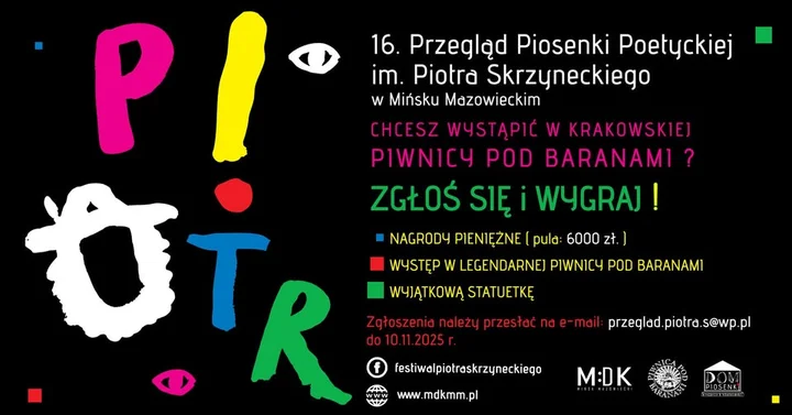 Grafika promocyjna wydarzenia 16. Przegląd Piosenki Poetyckiej im. Piotra Skrzyneckiego — zgłoszenia i nagrody