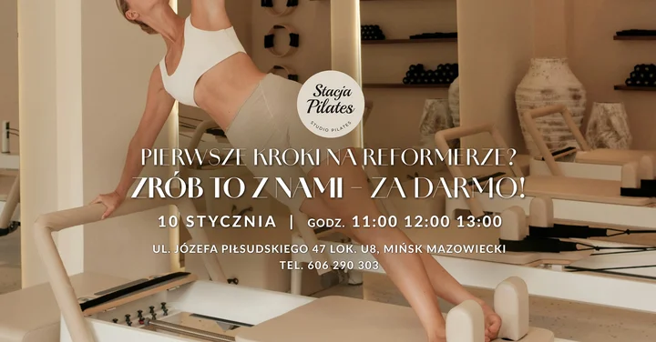 Grafika promocyjna wydarzenia Bezpłatne zajęcia pilates na reformerze — Stacja Pilates