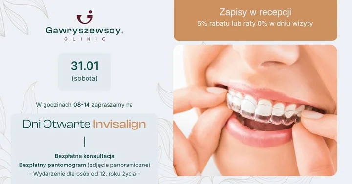 Grafika promocyjna wydarzenia Dni Otwarte Invisalign w Mińsku Mazowieckim — bezpłatna konsultacja i pantomogram