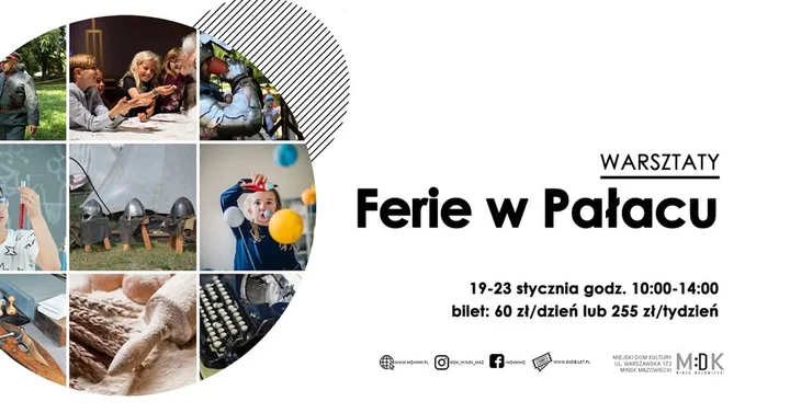 Grafika promocyjna wydarzenia Ferie w Pałacu | Warsztaty – półkolonie kreatywne dla dzieci (19–23 stycznia 2026)