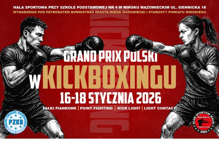 Grafika promocyjna wydarzenia Grand Prix Polski w Kickboxingu — Mińsk Mazowiecki (styczeń 2026)