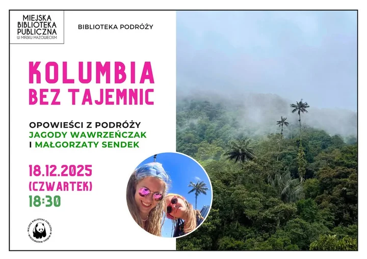 Grafika promocyjna wydarzenia Kolumbia bez tajemnic – Biblioteka Podróży: prelekcja i pokaz zdjęć