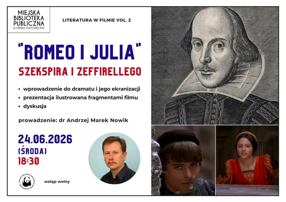 Grafika promocyjna wydarzenia Literatura w filmie: „Romeo i Julia” Szekspira i Zeffirellego w Mińsku Mazowieckim