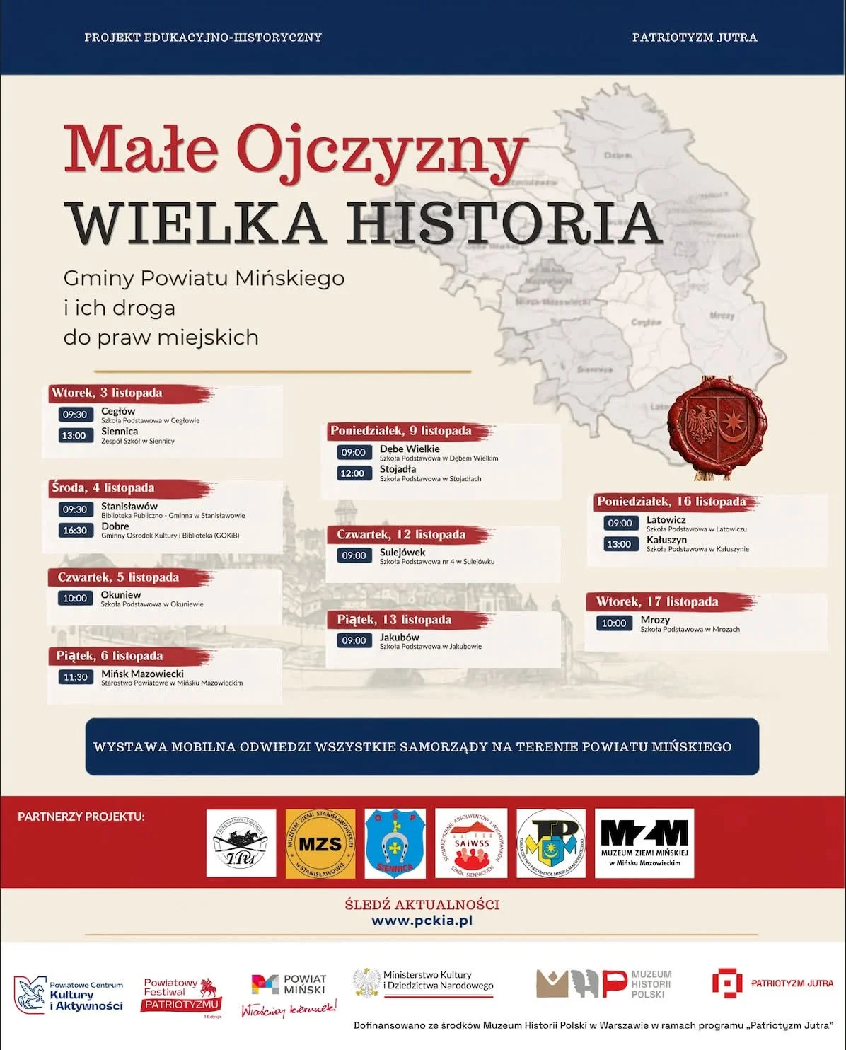 Grafika promocyjna wydarzenia Małe Ojczyzny – Wielka Historia w Powiecie Mińskim
