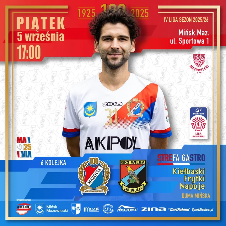 Obrazek przedstawia grafikę promocyjną wydarzenia Mecz Mazovia Mińsk Maz. kontra GKS Wilga Garwolin