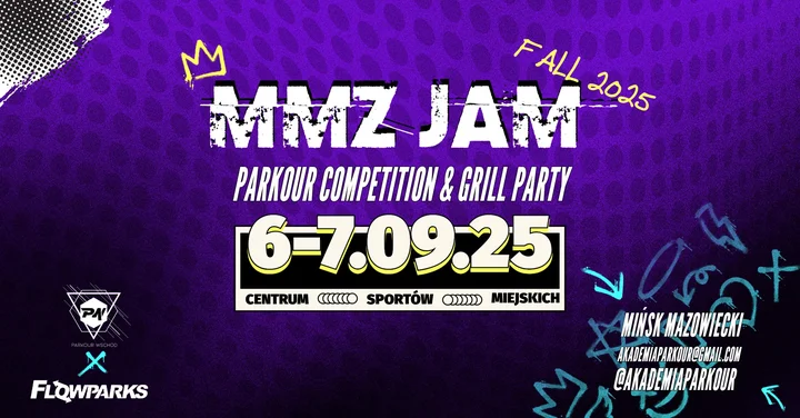 Obrazek przedstawia grafikę promocyjną wydarzenia Parkour gathering i zawody w Mińsku Mazowieckim — 6–7 września 2025