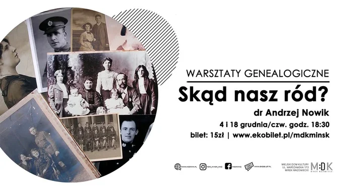 Grafika promocyjna wydarzenia Skąd nasz ród? | WARSZTATY GENEALOGICZNE — gdzie szukać dokumentów i jak czytać metryki