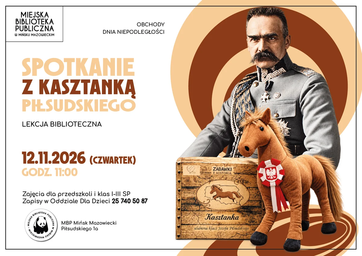 Grafika promocyjna wydarzenia Spotkanie z Kasztanką Piłsudskiego – lekcja biblioteczna