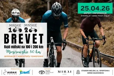Grafika promocyjna wydarzenia Mińskie Brevety 2026 — rajd rowerowy na 50, 100 i 200 km w Mińsku Mazowieckim