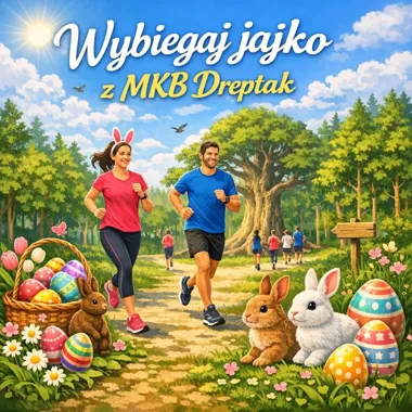 Grafika promocyjna wydarzenia Wybiegaj Jajko z MKB Dreptak – wielkanocny poranny bieg w leśnej scenerii