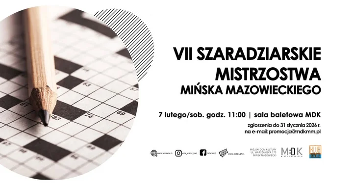 Grafika promocyjna wydarzenia VII Szaradziarskie Mistrzostwa Mińska Mazowieckiego — krzyżówki i łamigłówki