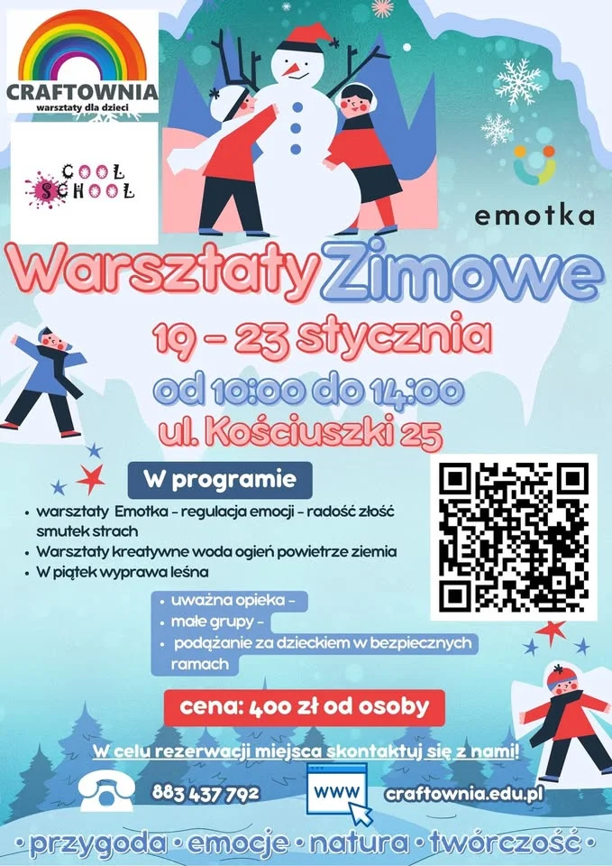 Grafika promocyjna wydarzenia Warsztaty kreatywno‑przygodowo‑emotkowe — zimowe zajęcia dla dzieci 6–9 lat