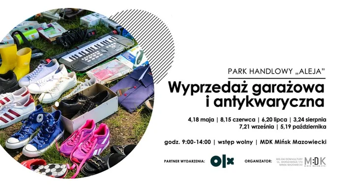Obrazek przedstawia grafikę promocyjną wydarzenia Garażowa wyprzedaż na alejkach przy MDK Mińsk Mazowiecki